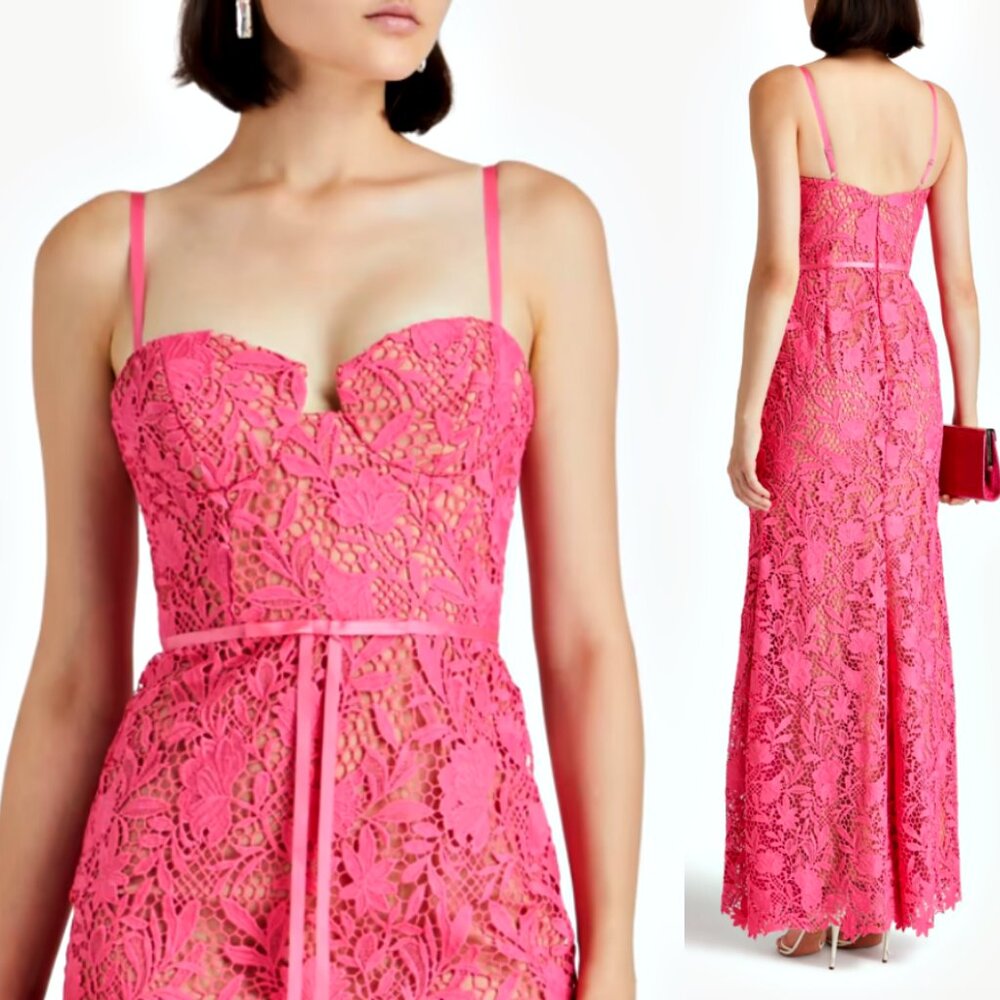MARCHESA NOTTE Satin-Trimmed Guipure Lace Mermaid Gown in Bright Pink sz 2  $895